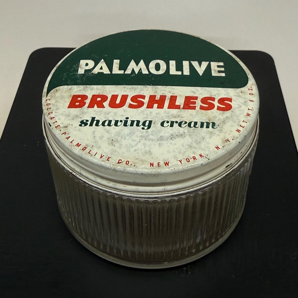 Vintage Palmolive Brushless Shaving Cream Ribbed Glass Jar 8oz Decor